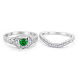 Vintage Style Two Piece Wedding Ring Simulated Green Emerald CZ 925 Sterling Silver