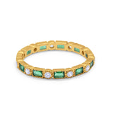 Full Eternity Wedding Baguette Yellow Tone, Simulated Green Emerald CZ Ring 925 Sterling Silver
