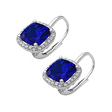 Halo Cushion Leverback Earrings Simulated Blue Sapphire CZ 925 Sterling Silver