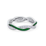 Crisscross Braided Weave Design Band Ring Round Eternity Simulated Green Emerald CZ 925 Sterling Silver