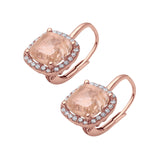 Halo Cushion Leverback Earrings Rose Tone, Simulated Morganite CZ 925 Sterling Silver