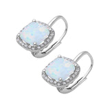 Halo Cushion Leverback Earrings Lab Created White Opal 925 Sterling Silver