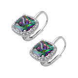 Halo Cushion Leverback Earrings Simulated Rainbow CZ 925 Sterling Silver