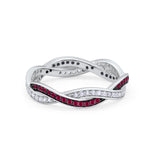 Crisscross Braided Weave Design Band Ring Round Eternity Simulated Ruby CZ 925 Sterling Silver
