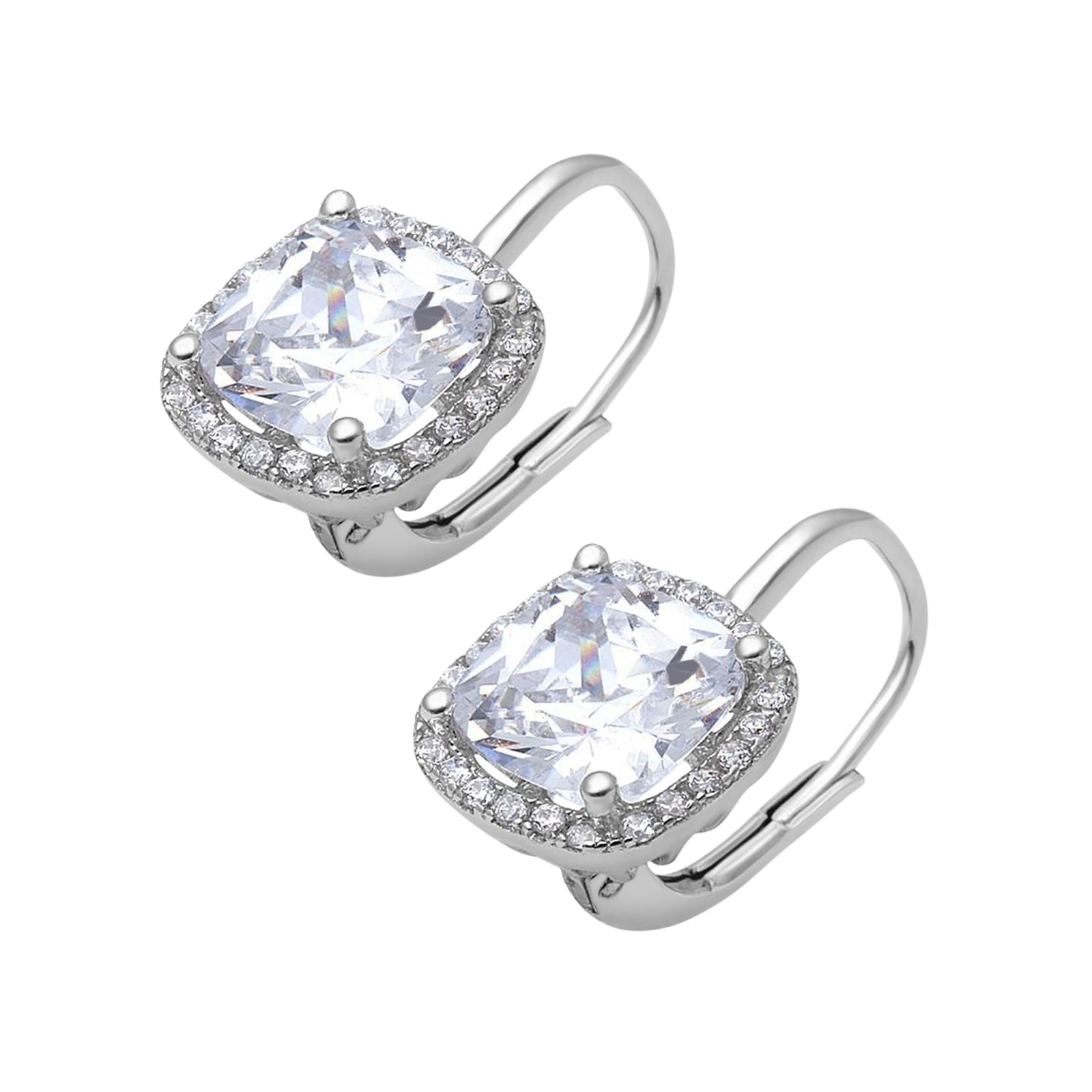 Halo Cushion Leverback Earrings Simulated Cubic Zirconia 925 Sterling