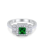 Halo Wedding Engagement Ring Round Baguette Simulated Green Emerald CZ 925 Sterling Silver
