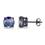 Butterfly Prong Round Casting Black Tone, Simulated Rainbow CZ Stud Earrings 925 Sterling Silver