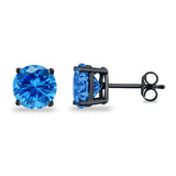 Butterfly Prong Round Casting Black Tone, Simulated Blue Topaz CZ Stud Earrings 925 Sterling Silver