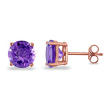 Butterfly Prong Round Casting Rose Tone, Simulated Amethyst CZ Stud Earrings 925 Sterling Silver
