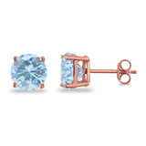 Butterfly Prong Round Casting Rose Tone, Simulated Aquamarine CZ Stud Earrings 925 Sterling Silver