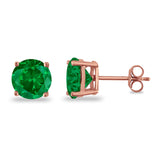 Butterfly Prong Round Casting Rose Tone, Simulated Green Emerald CZ Stud Earrings 925 Sterling Silver