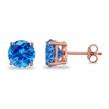 Butterfly Prong Round Casting Rose Tone, Simulated Blue Topaz CZ Stud Earrings 925 Sterling Silver