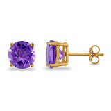Butterfly Prong Round Casting Yellow Tone, Simulated Amethyst CZ Stud Earrings 925 Sterling Silver