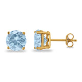 Butterfly Prong Round Casting Yellow Tone, Simulated Aquamarine CZ Stud Earrings 925 Sterling Silver