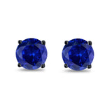 Butterfly Prong Round Casting Black Tone, Simulated Blue Sapphire CZ Stud Earrings 925 Sterling Silver
