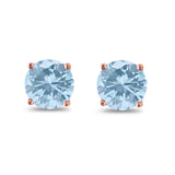 Butterfly Prong Round Casting Rose Tone, Simulated Aquamarine CZ Stud Earrings 925 Sterling Silver