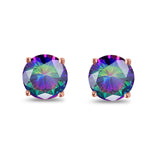 Butterfly Prong Round Casting Rose Tone, Simulated Rainbow CZ Stud Earrings 925 Sterling Silver
