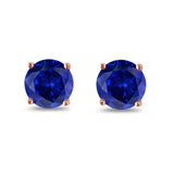 Butterfly Prong Round Casting Rose Tone, Simulated Blue Sapphire CZ Stud Earrings 925 Sterling Silver