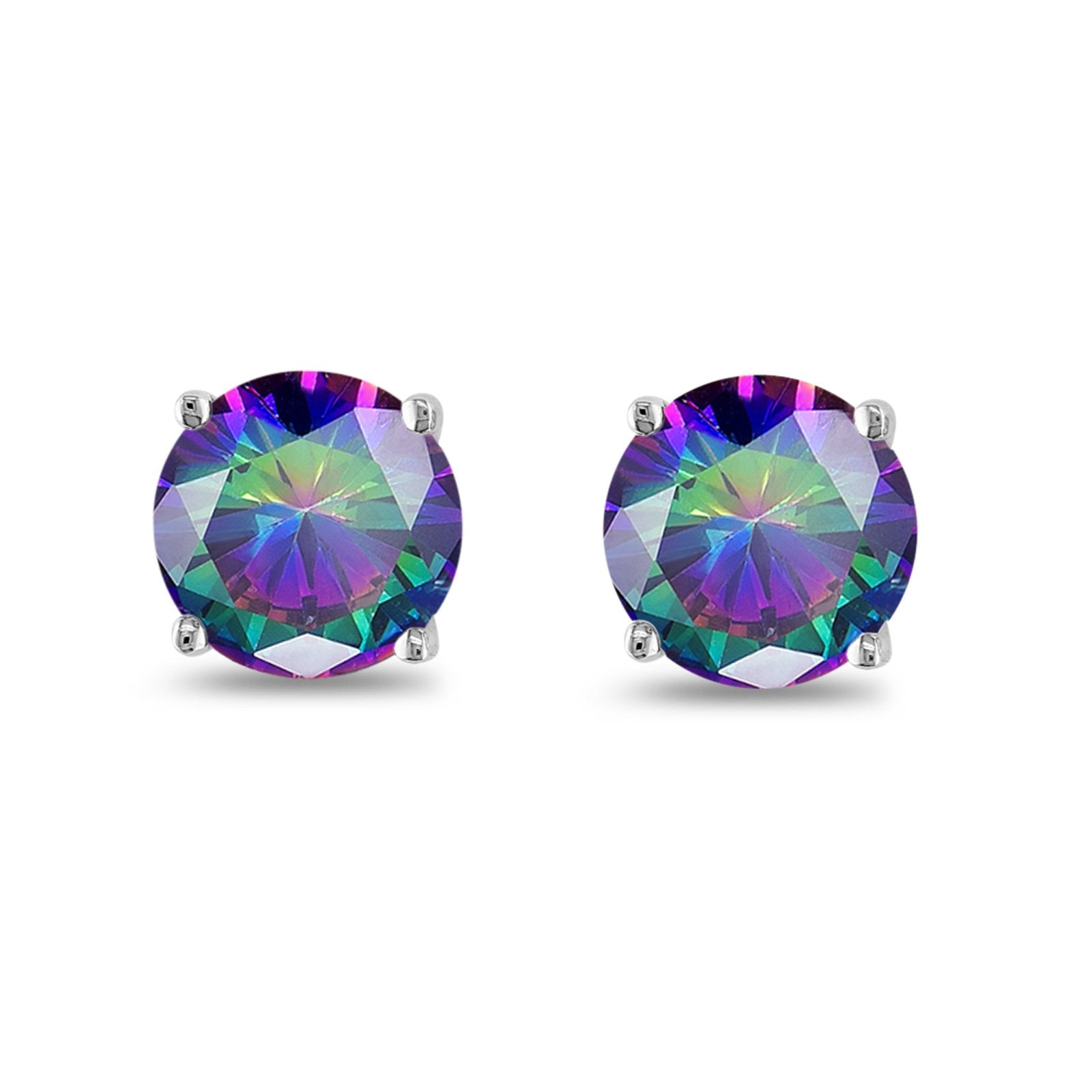 Butterfly Prong Round Simulated Rainbow CZ Stud Earrings 925 Sterling Silver
