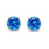 Butterfly Prong Round Casting Yellow Tone, Simulated Blue Topaz CZ Stud Earrings 925 Sterling Silver