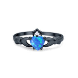 Irish Claddagh Heart Promise Ring Black Tone, Lab Created Blue Opal 925 Sterling Silver