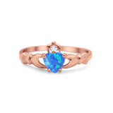 Irish Claddagh Heart Promise Ring Rose Tone, Lab Created Blue Opal 925 Sterling Silver