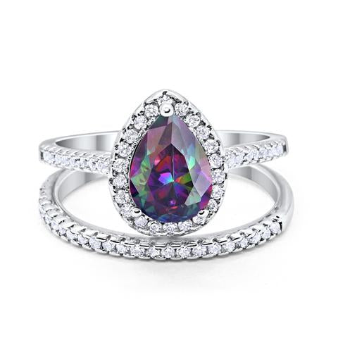 Teardrop Bridal Engagement Ring Simulated Rainbow CZ 925 Sterling Silver