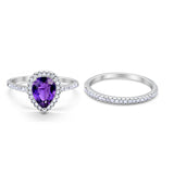Teardrop Pear Bridal Set Engagement Ring Simulated Amethyst CZ 925 Sterling Silver