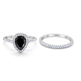 Teardrop Pear Bridal Set Engagement Ring Simulated Black Cubic Zirconia 925 Sterling Silver
