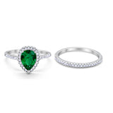 Teardrop Pear Bridal Set Engagement Ring Simulated Green Emerald Cubic Zirconia 925 Sterling Silver