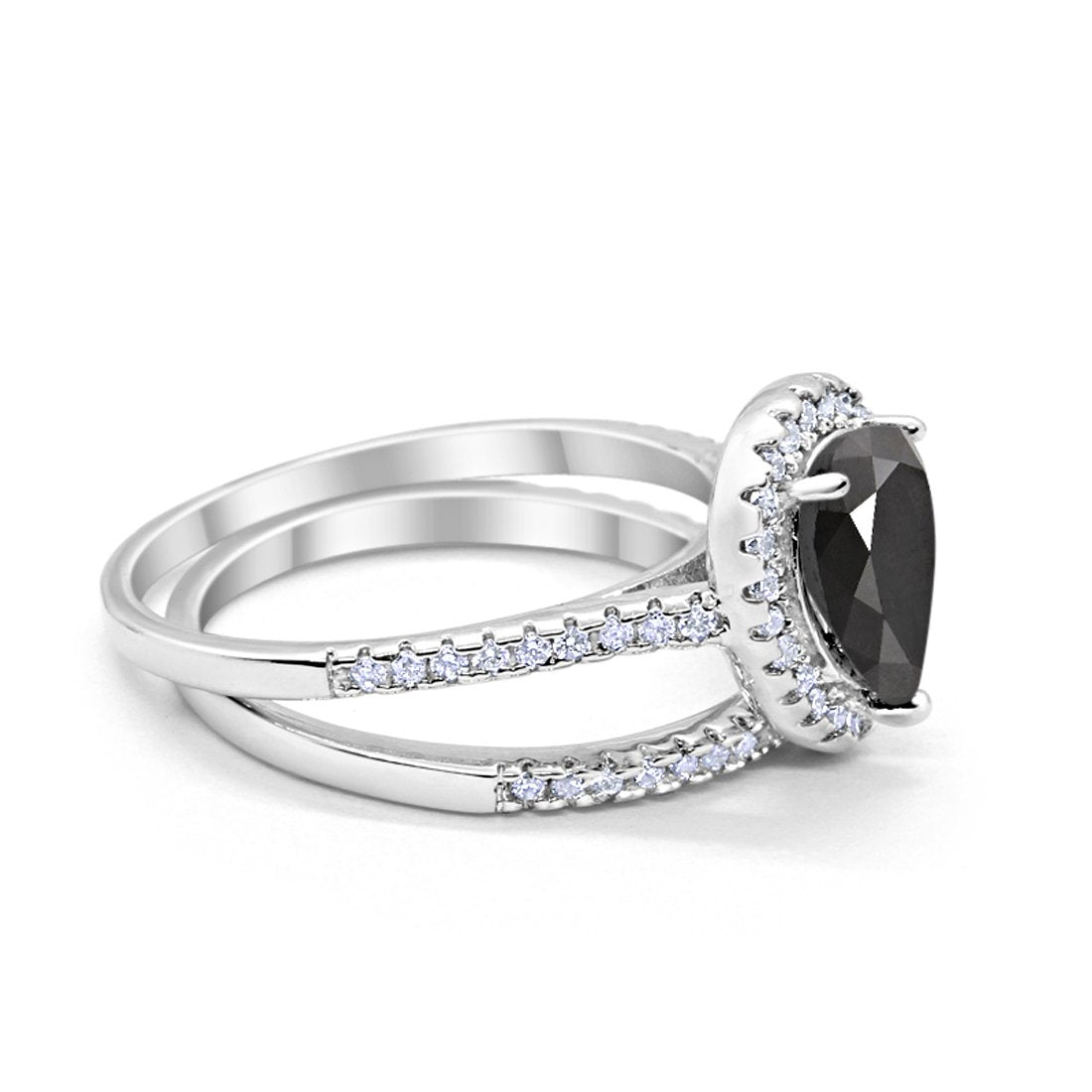 Teardrop Pear Bridal Set Engagement Ring Simulated Black Cubic Zirconia 925 Sterling Silver
