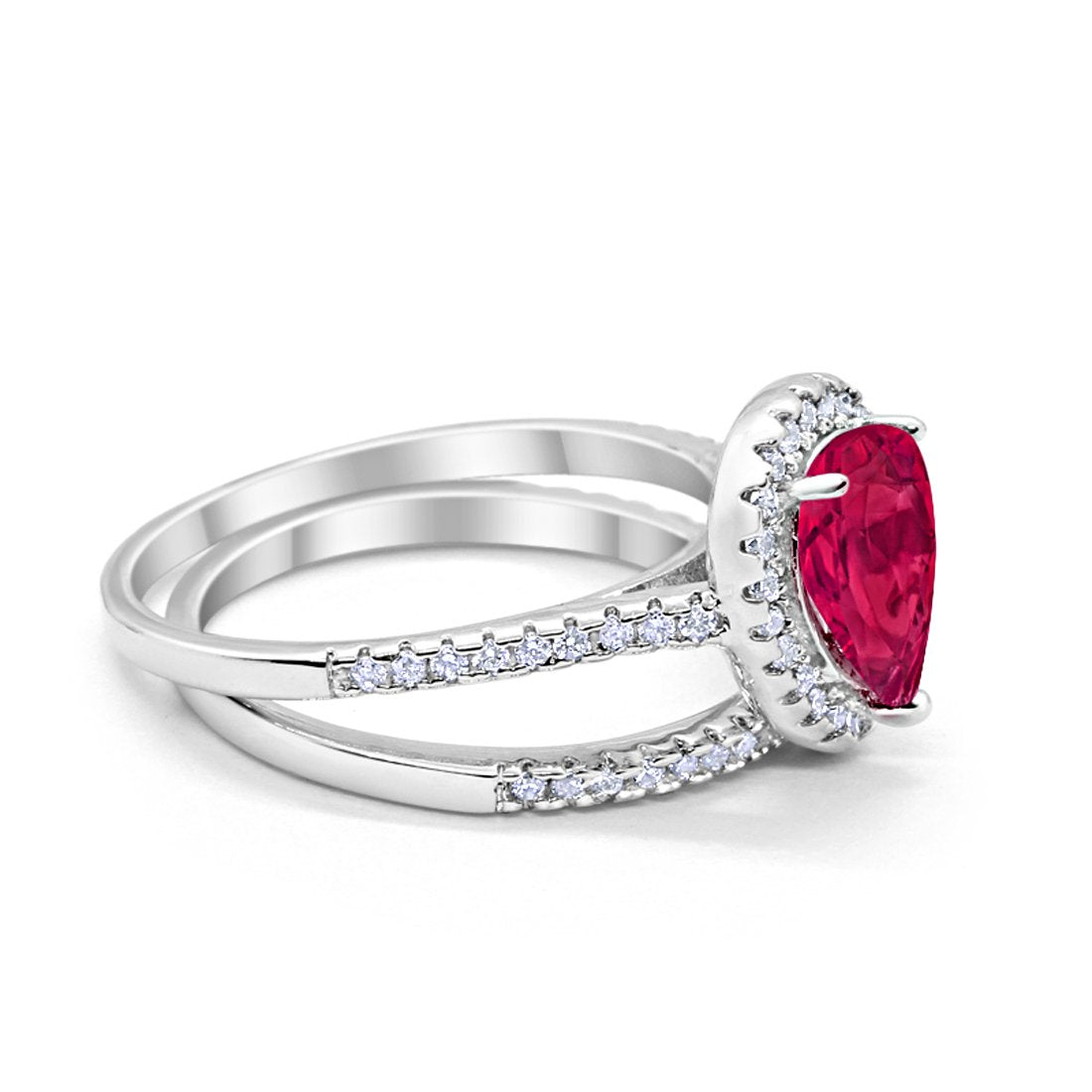 Teardrop Bridal Engagement Ring Simulated Ruby Cubic Zirconia 925 Sterling Silver