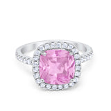Halo Cushion Wedding Ring Simulated Pink CZ 925 Sterling Silver