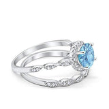 Two Piece Halo Wedding Ring Round Simulated Aquamarine CZ 925 Sterling Silver