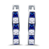 Half Eternity Hoop Earrings Princess Cut Simulated Blue Sapphire CZ 925 Sterling Silver (14mm)