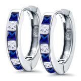 Half Eternity Hoop Earrings Princess Cut Simulated Blue Sapphire CZ 925 Sterling Silver (14mm)
