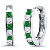 Half Eternity Hoop Earrings Princess Cut Simulated Green Emerald CZ 925 Sterling Silver (14mm)