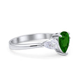 Three Stone Teardrop Pear Art Deco Simulated Green Emerald CZ Engagement Ring 925 Sterling Silver