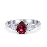 Three Stone Teardrop Pear Art Deco Simulated Ruby CZ Engagement Ring 925 Sterling Silver