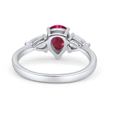 Three Stone Teardrop Pear Art Deco Simulated Ruby CZ Engagement Ring 925 Sterling Silver