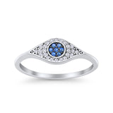 Halo Eye Evil Ring Round Simulated Blue Sapphire Pave Cubic Zirconia 925 Sterling Silver
