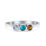Three Stone Round Thumb Ring Oxidized Statement Fashion Ring Band Simulated Moonstone, Turquoise, Tiger Eye 925 Sterling Silver