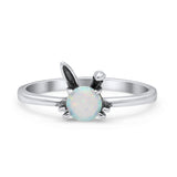 Art Deco Bunny Rabbit Round Thumb Ring Statement Fashion Oxidized Lab Created White Opal 925 Sterling Silver