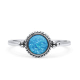 Round Fashion Petite Dainty Oxidized Thumb Statement Ring Lab Created Blue Opal 925 Sterling Silver