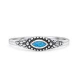 Vintage Style Marquise Oxidized Petite Dainty Thumb Ring Lab Created Blue Opal 925 Sterling Silver