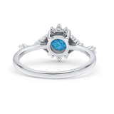Halo Art Deco Rhodium Plated Round Lab Created Blue Opal Statement Fashion Ring 925 Sterling Silver