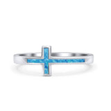 Sideways Cross Fashion Petite Dainty Thumb Statement Ring Lab Created Blue Opal 925 Sterling Silver