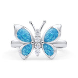 Butterfly Thumb Ring Band Statement Fashion Ring Lab Created Blue Opal Round CZ 925 Sterling Silver