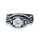 Halo Engagement Ring Three Piece Black Tone Cubic Zirconia 925 Sterling Silver Wholesale