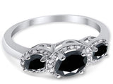Three Stone Simulated Black CZ Wedding Ring 925 Sterling Silver
